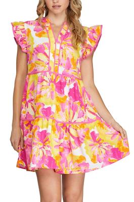 RUFFLE SLV CONTRAST PIPING TIERED FLORAL DRESS