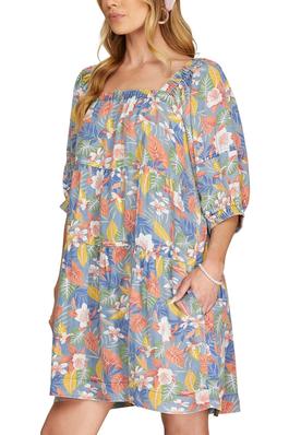 PUFF SLV WASHED CHAMBRAY FLORAL TIERED DRESS