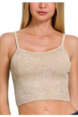 Stone washed ribbed seamless square neck tank top