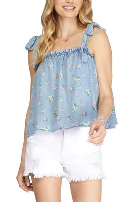 BOW SHOULDER TIE CHAMBRAY WASHED FLORAL TOP