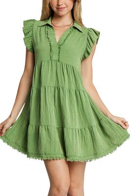 MINERAL WASH ALINE COLLARED TIERED FRAYED DRESS