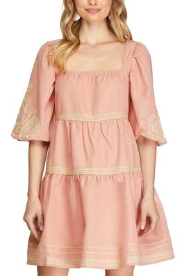 PUFF SLEEVE HEAVY EMBROIDERED WOVEN TIERED DRESS