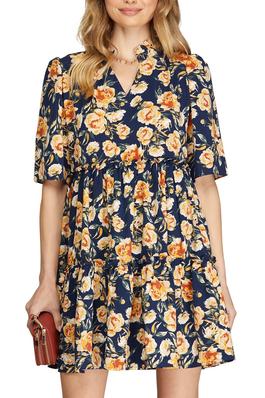 HALF SLEEVE WOVEN FLORAL PRINT TIERED DRESS