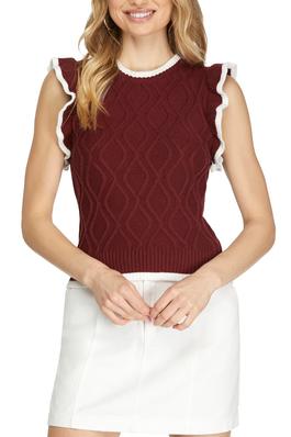 GAME DAY RUFFLE SLEEVE CABLE SWEATER TOP