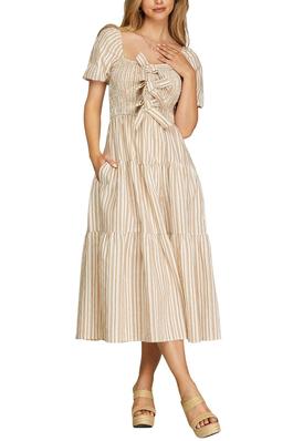 STRIPED SHORT SLEEVE TIERED WOVEN SMOCK DRESS