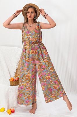 Plus Size Wide-Leg Jumpsuit with Floral Print and Front Tie