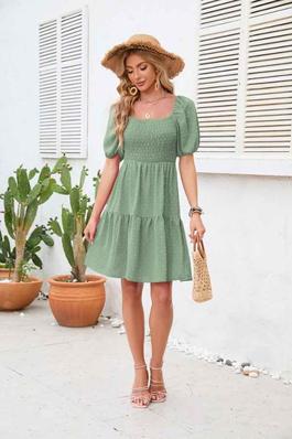 Women Summer Boho Plain Short Sleeve Pleated Square-Neck Short Dress