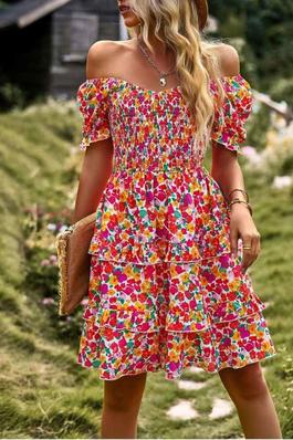 Summer Bohemian Floral Short Sleeve Layered Mini Dress
