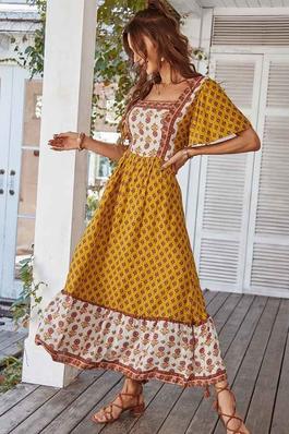 Summer Bohemian Print Floral Square Neck Short Sleeve A-Line Maxi Dress