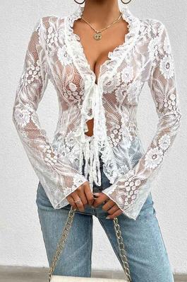 Womens Sexy See-Through Lace Knot Tie Ruffled Long Sleeve Top