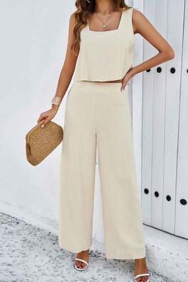 Womens Boho Solid Color Sleeveless Crop Top Two Piece Pants Set