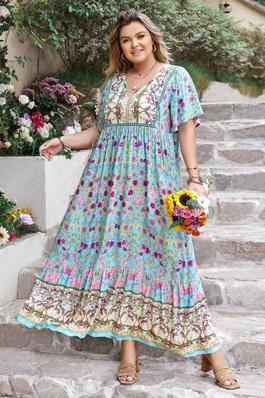 Plus Size Floral Print Floral Print Butterfly Sleeve Smock Dress