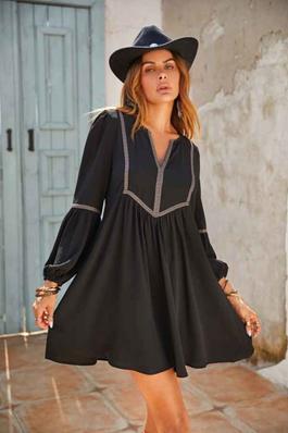 Contrast Embroidered Trim Notched Neckline Puff Sleeves Dress