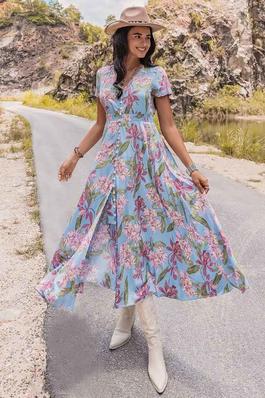 Floral Print Dress with High Waist Belt