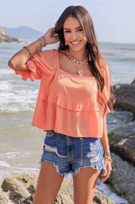 Solid Color Square Neck Ruffle Trimmed Short Sleeve Blouse
