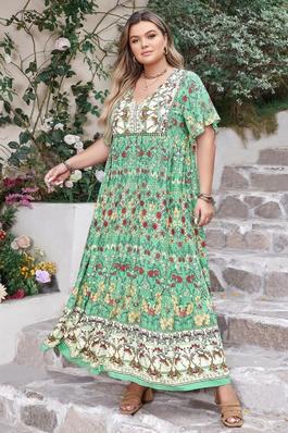 Plus Size Floral Printed Short Sleeves Maxi Dress