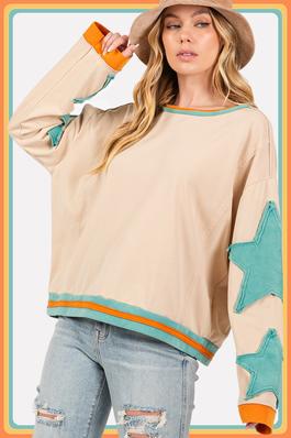 FRENCH TERRY STAR APPLIQUE PATCH PULLOVER TOP