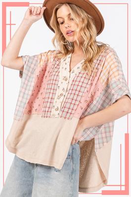 PLAID AND FLOWER MIX MATCH COLOR BLOCK TOP