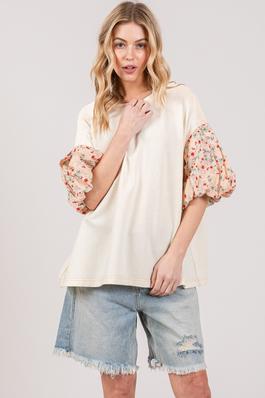 FLORAL BUBBLE SLEEVES OVERSIZE TOP