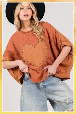 MINERAL WASH DOLMAN TOP WITH HEART PATCH