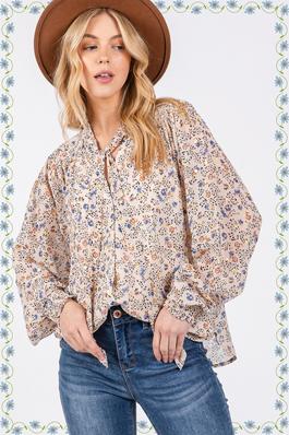 TIE NECK LONG SLEEVES FLORAL PRINT BLOUSE