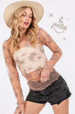 MESH LONG SLEEVE SHEER FLORAL EMBROIDERY TOP