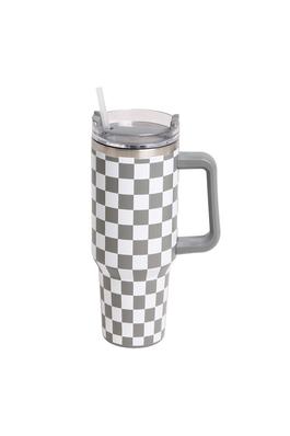 Grey Checkered 40oz Stainless Steel Tumbler With Handle