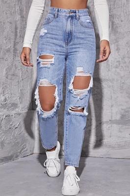 High-Waisted Distressed Jeans