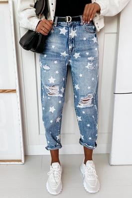 Star Print Distressed Jeans