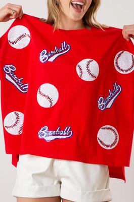 Sequined Baseball Print Fit T-Shirt