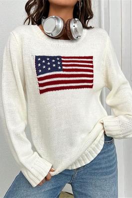 Crew Neck Knit Sweater with Flag Print