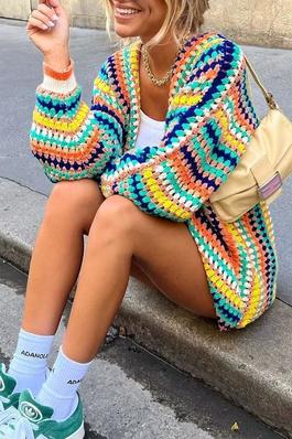 Color Block Crocheted Striped Knit Cardigan
