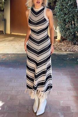 Striped Fringe Knit Sleeveless Dress