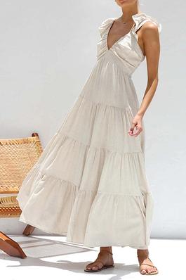 Solid Color V Neck Sleeveless Pleated Dress 