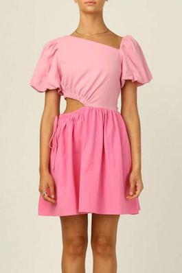 Solid Color Puff Sleeve Cutout Dress