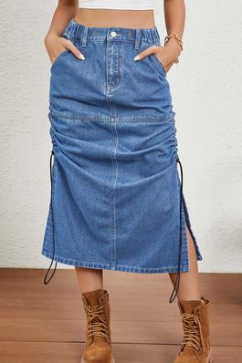 Denim Drawstring Midi Skirt 