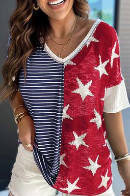 Knit Striped Star Print Short Sleeve Top