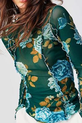Floral Print Long Sleeve Mock Neck Lace Top
