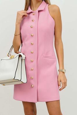 Solid Color Sleeveless Button Midi Dress
