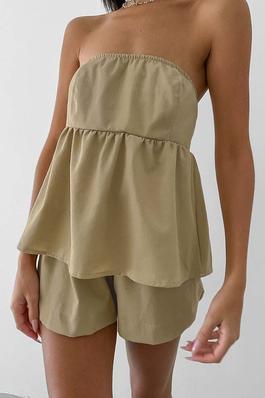Solid Color Strapless Ruffle Top and Shorts Set
