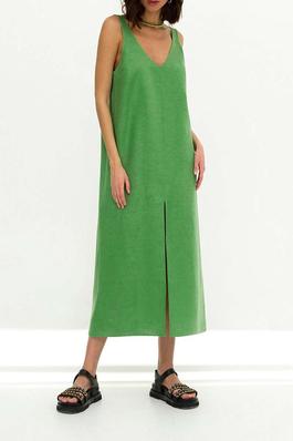 Solid Color V Neck Front Slit Midi Dress