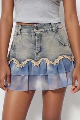 High Waist Ruffle Edge Denim Mini Skirt