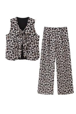 Bow V Neck Vest Leopard Pants Sets