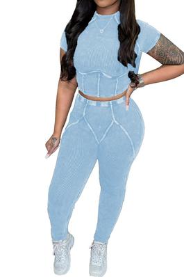 Solid Crop Top Washed Pants Sets