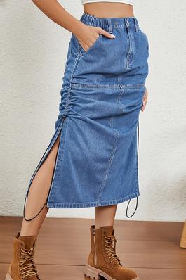 Denim Washed Drawstring Midi Skirt