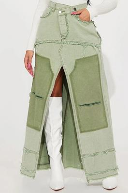 Colorblock Slit Denim Midi Skirt