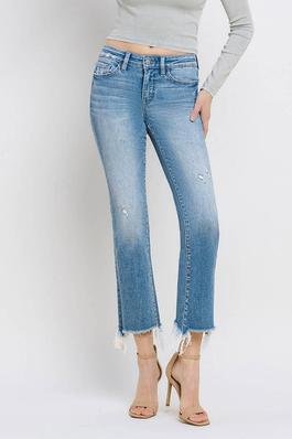 MID RISE FRAYED HEM ANKLE BOOTCUT JEANS