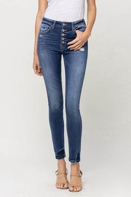 HIGH RISE BUTTON UP FLY ANKLE SKINNY JEANS