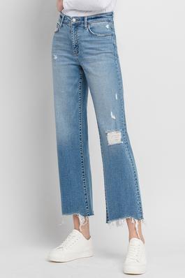 HIGH RISE DISTRESSED SLIM WIDE JEANS