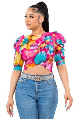 FLORAL 1/2 PUFF SLEEVES SEMI-CROP BLOUSE